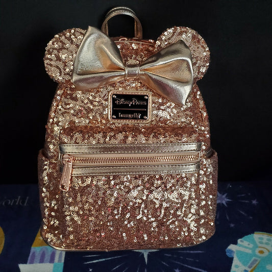 NEW Disney Parks Loungefly Sequined Rose Gold Mini Backpack Minnie Mouse Ears