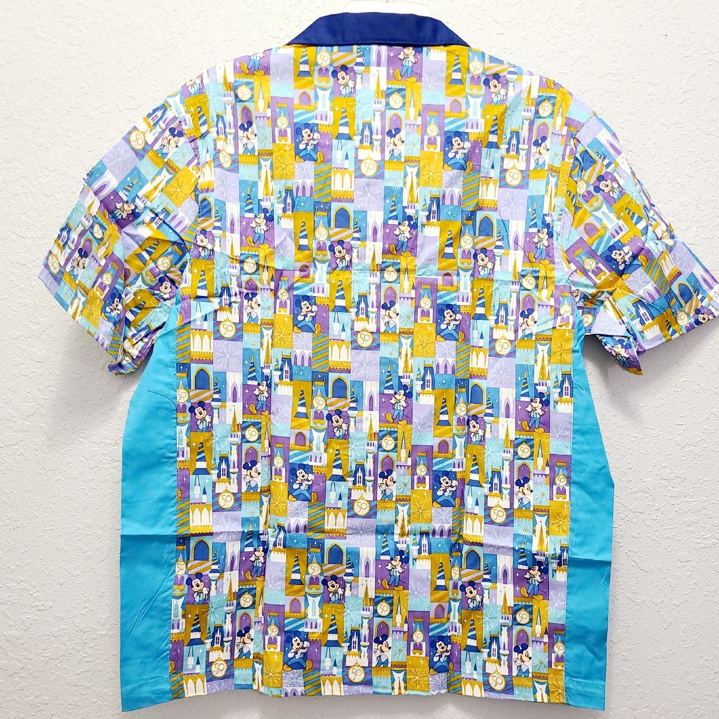 MEDIUM Walt Disney World Parks Shirt Adult Blue Gold 50th Anniv Mickey Button Up