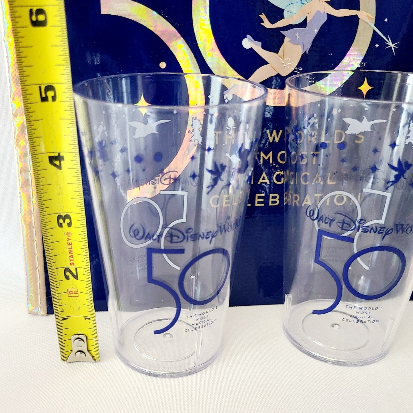 Set Of 2 Walt Disney World 50th Anniversary Clear Plastic Cup Blue Letters + Bag