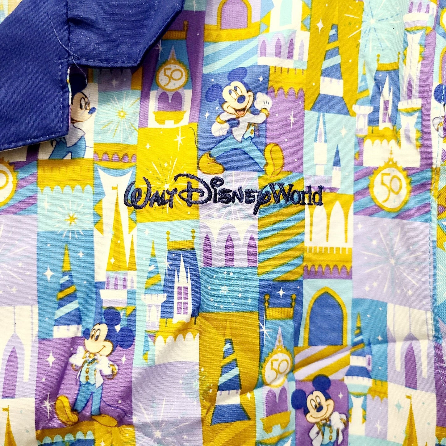 MEDIUM Walt Disney World Parks Shirt Adult Blue Gold 50th Anniv Mickey Button Up