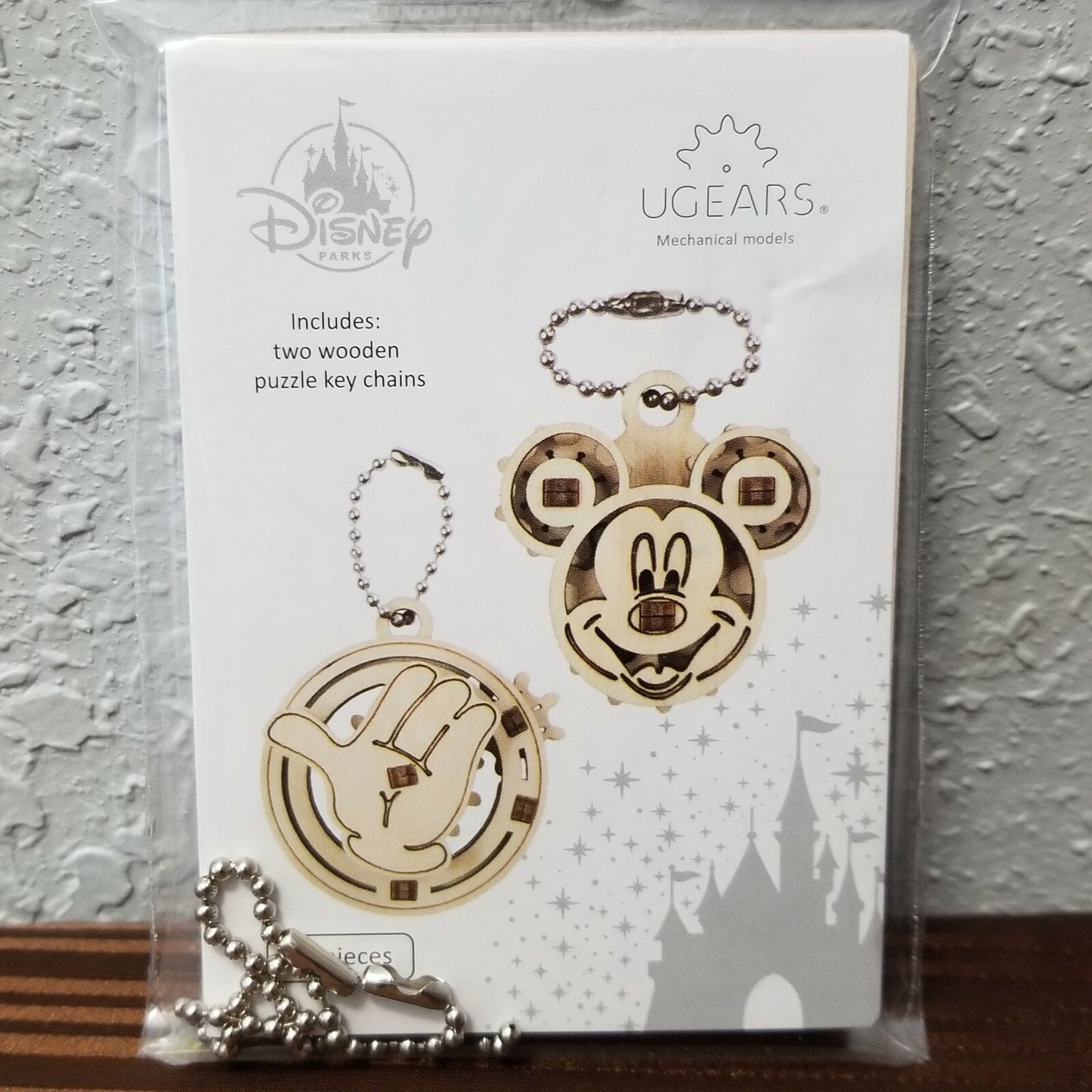 NEW Disney Parks UGEARS Keychain Set Mickey Mouse & Glove Hand 2 Wooden Puzzles