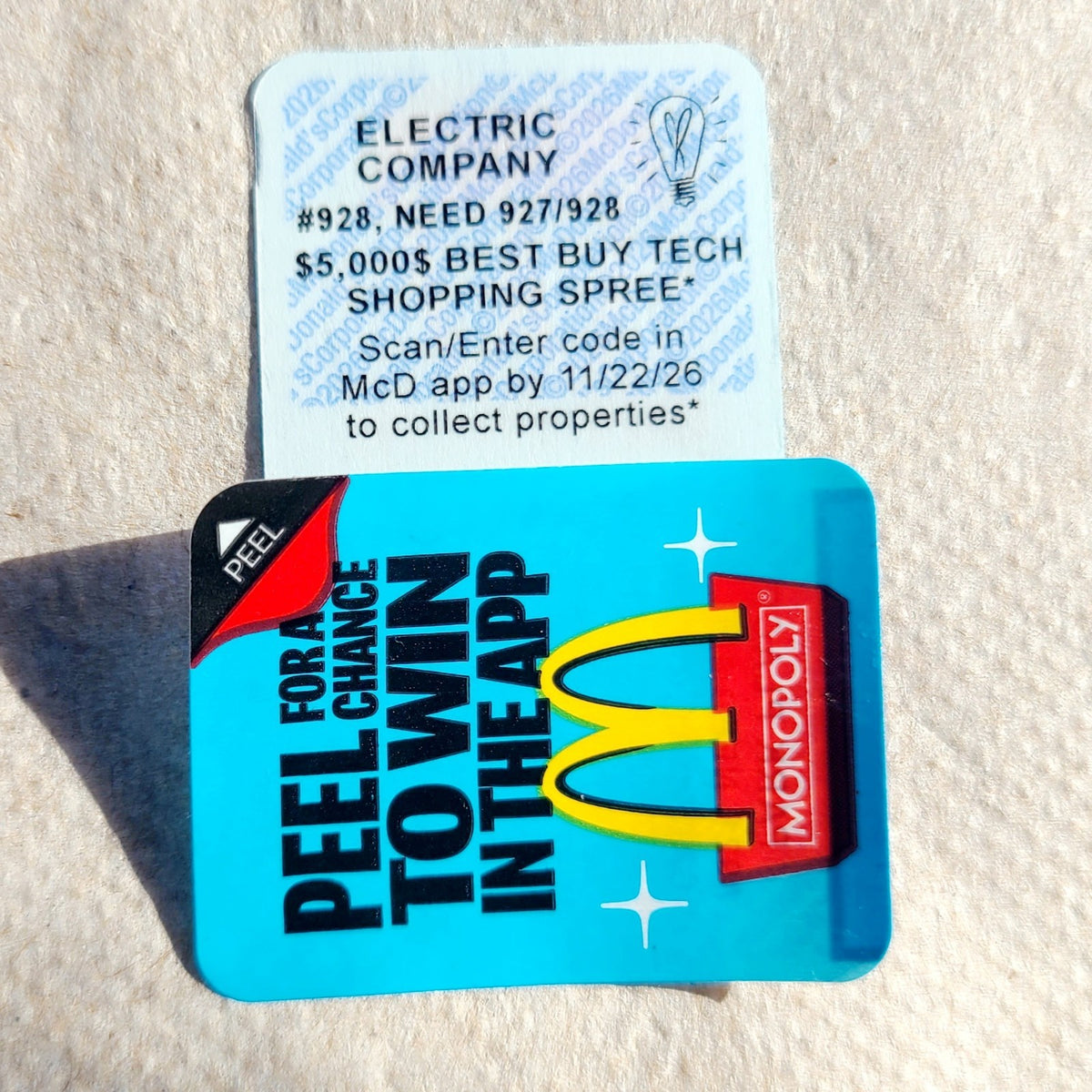 2026 McDonald's Monopoly Game Piece - Electric Company #928 (Unredeemed)