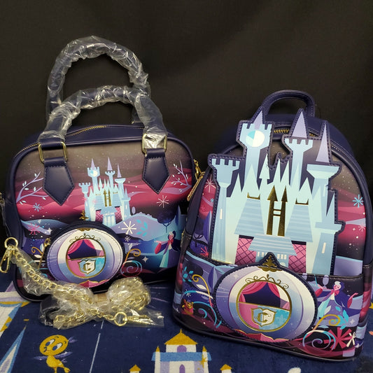 NEW Disney Loungefly Cinderella Castle Crossbody Bag Purse & Mini Backpack Set
