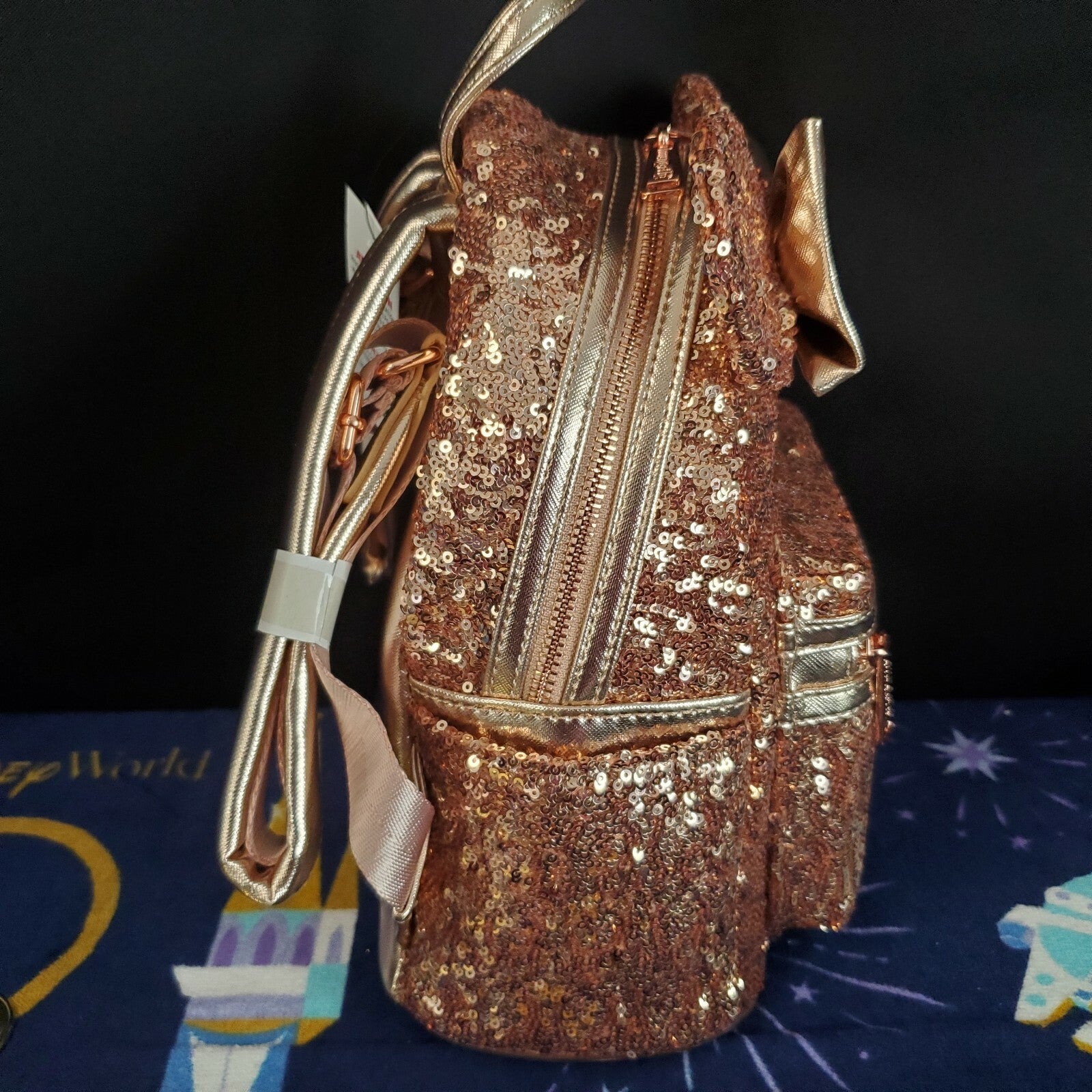 NEW Disney Parks Loungefly Sequined Rose Gold Mini Backpack Minnie Mouse Ears