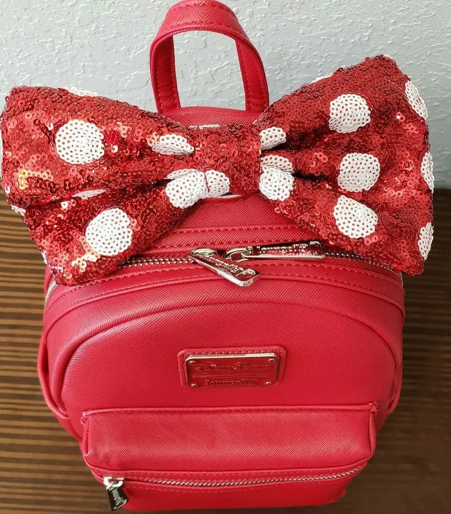 Disney Parks Minnie Mouse Red Mini Backpack with Sequined Bow by Loungefly