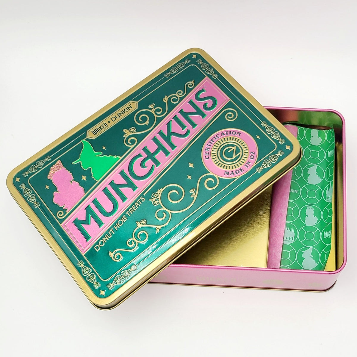 NEW Dunkin Donuts WICKED Munchkin Tin Glinda & Elphaba Pink & Green For Good