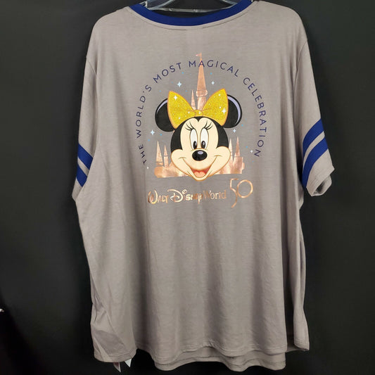 LARGE Walt Disney World 50th Anniversary Minnie Mouse V Neck Ladies Shirt Castle