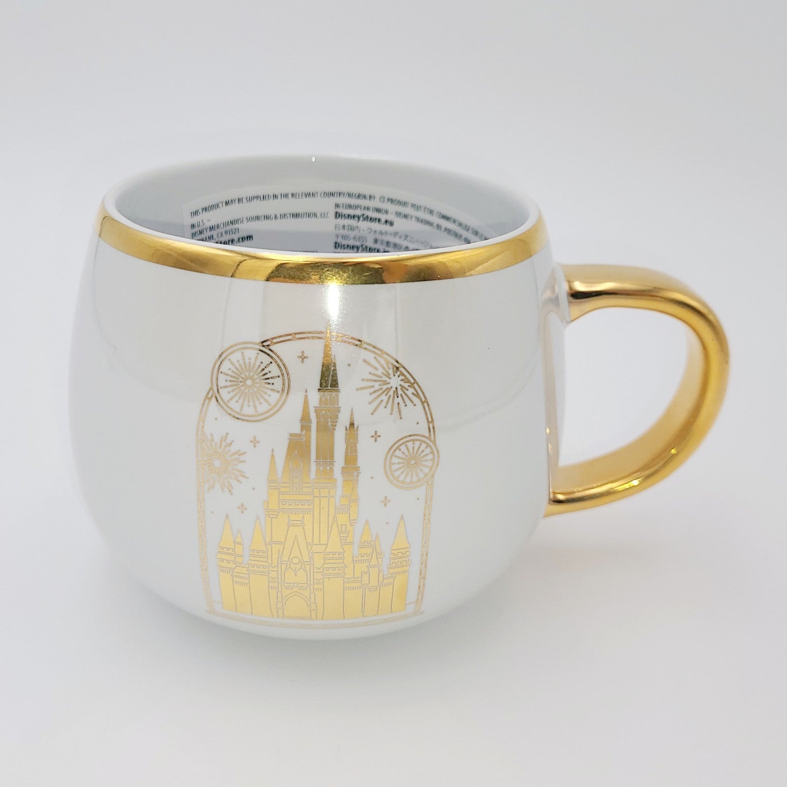 2025 Disney Parks Magic Kingdom Castle Mug Fireworks Gold Coffee Cup Pearl White