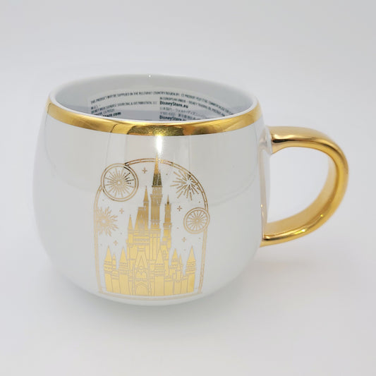 2025 Disney Parks Magic Kingdom Castle Mug Fireworks Gold Coffee Cup Pearl White