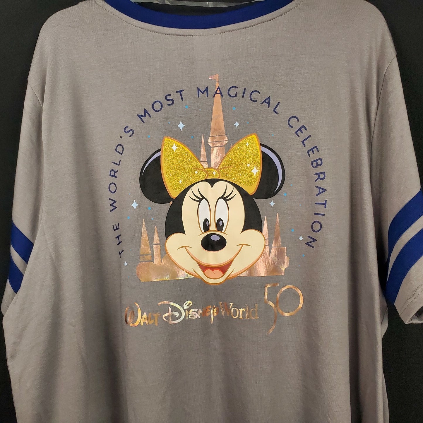 LARGE Walt Disney World 50th Anniversary Minnie Mouse V Neck Ladies Shirt Castle