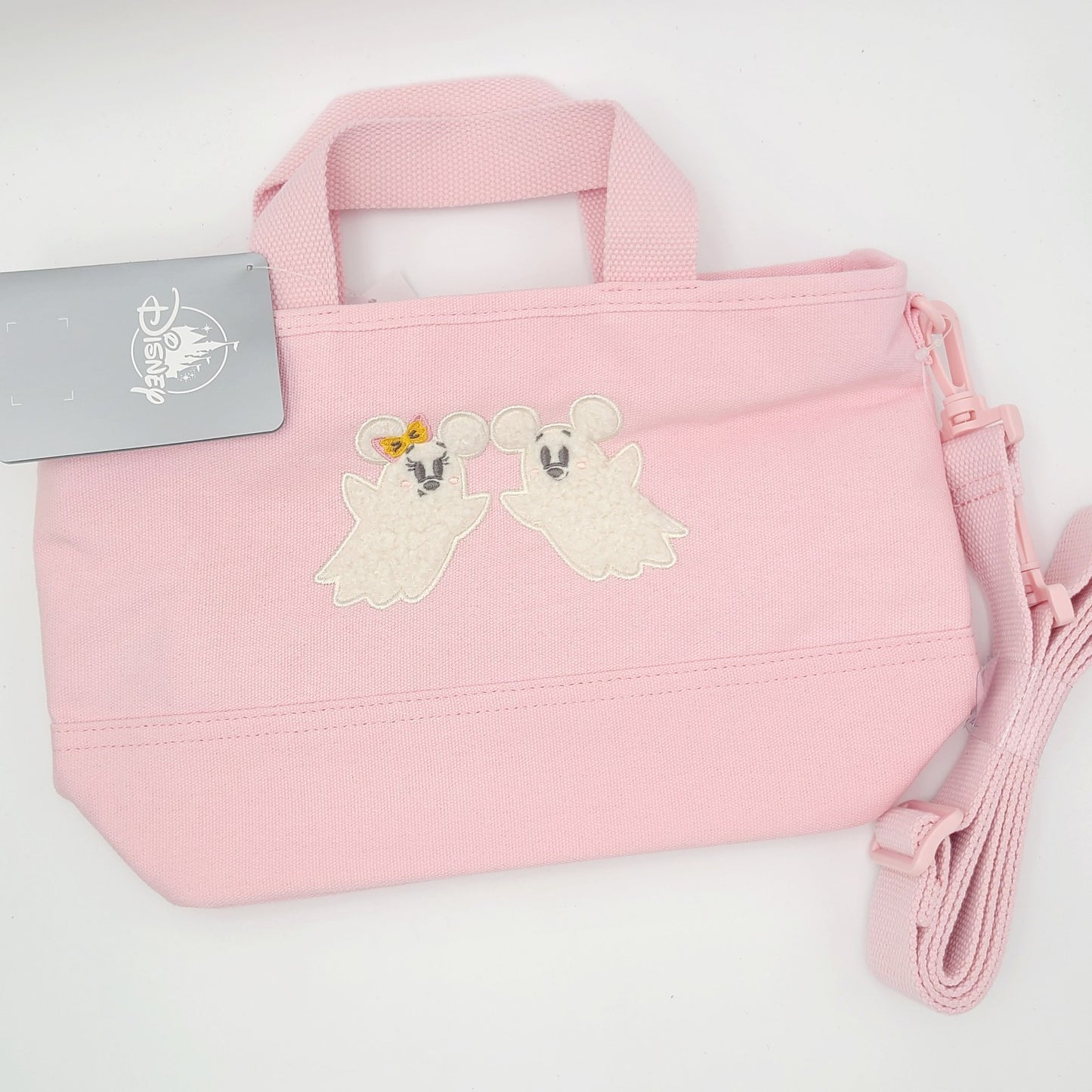 2025 Disney Parks Halloween Ghost Mickey Minnie Mouse Pink Canvas Small Tote Bag