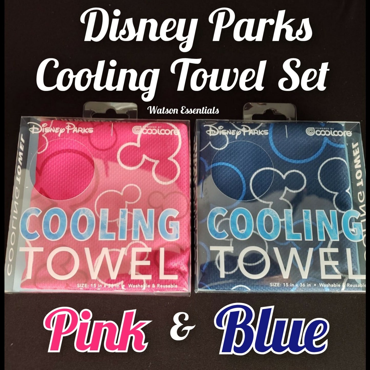 *Set of 2* Disney Parks Mickey Mouse Cooling Towel Blue Coolcore 15" x 36" - NEW