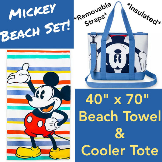 Disney Parks Mickey Mouse Summer Fun Cooler Tote Bag & Family Beach Towel Set