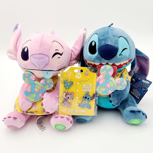 2024 Disney Parks Stitch Attacks Snacks Angel & Stitch Plush & Pin Lollipop SET