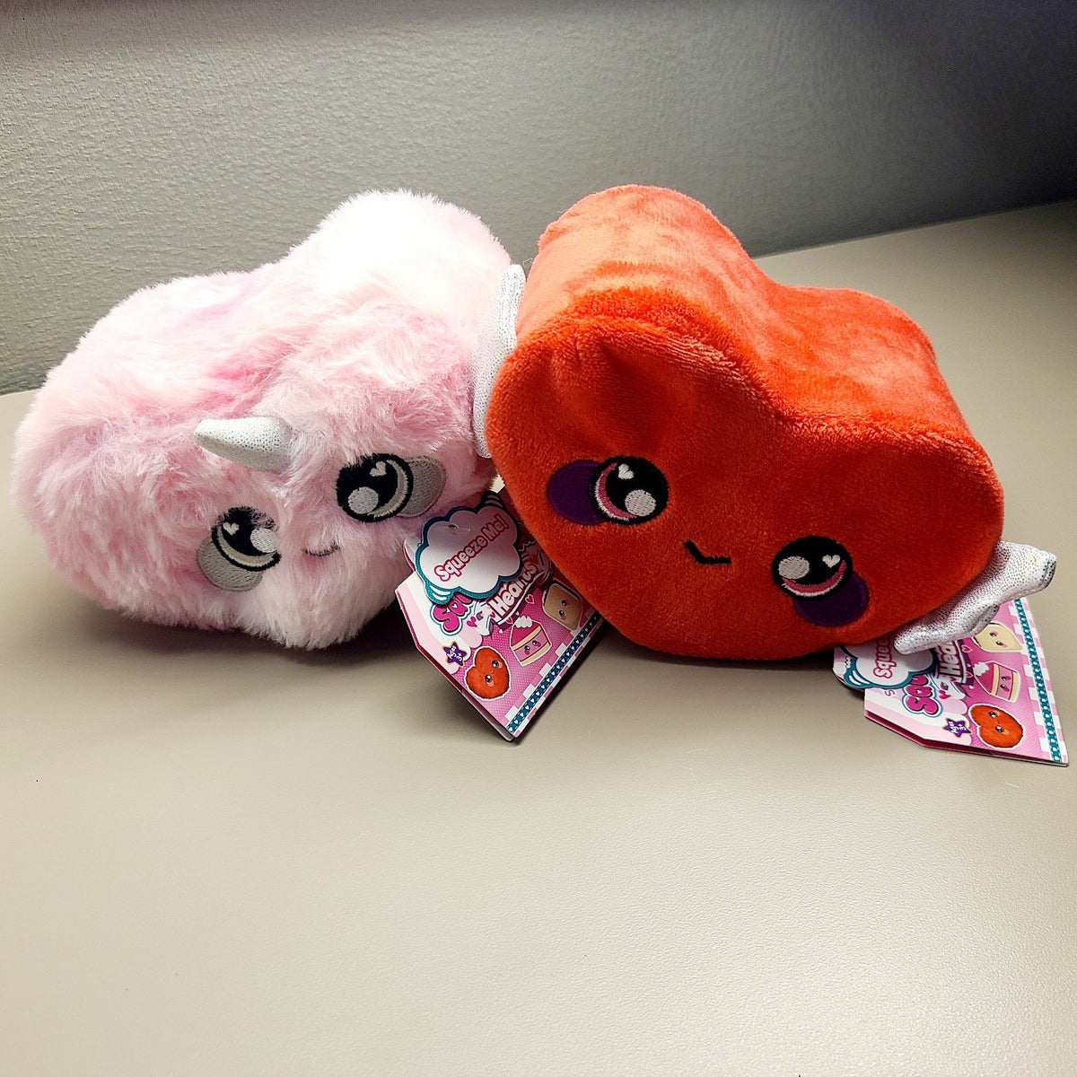 Squeezamals SET Heart Series Pink Furry Plush Unicorn Horn Red With Wings Stress