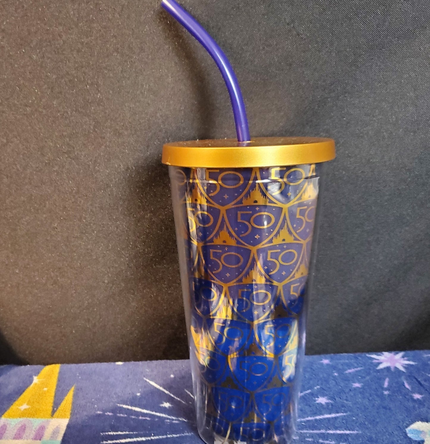 NEW 2022 Walt Disney World Parks 50th Anniversary Gold Castle Blue Tumbler Straw