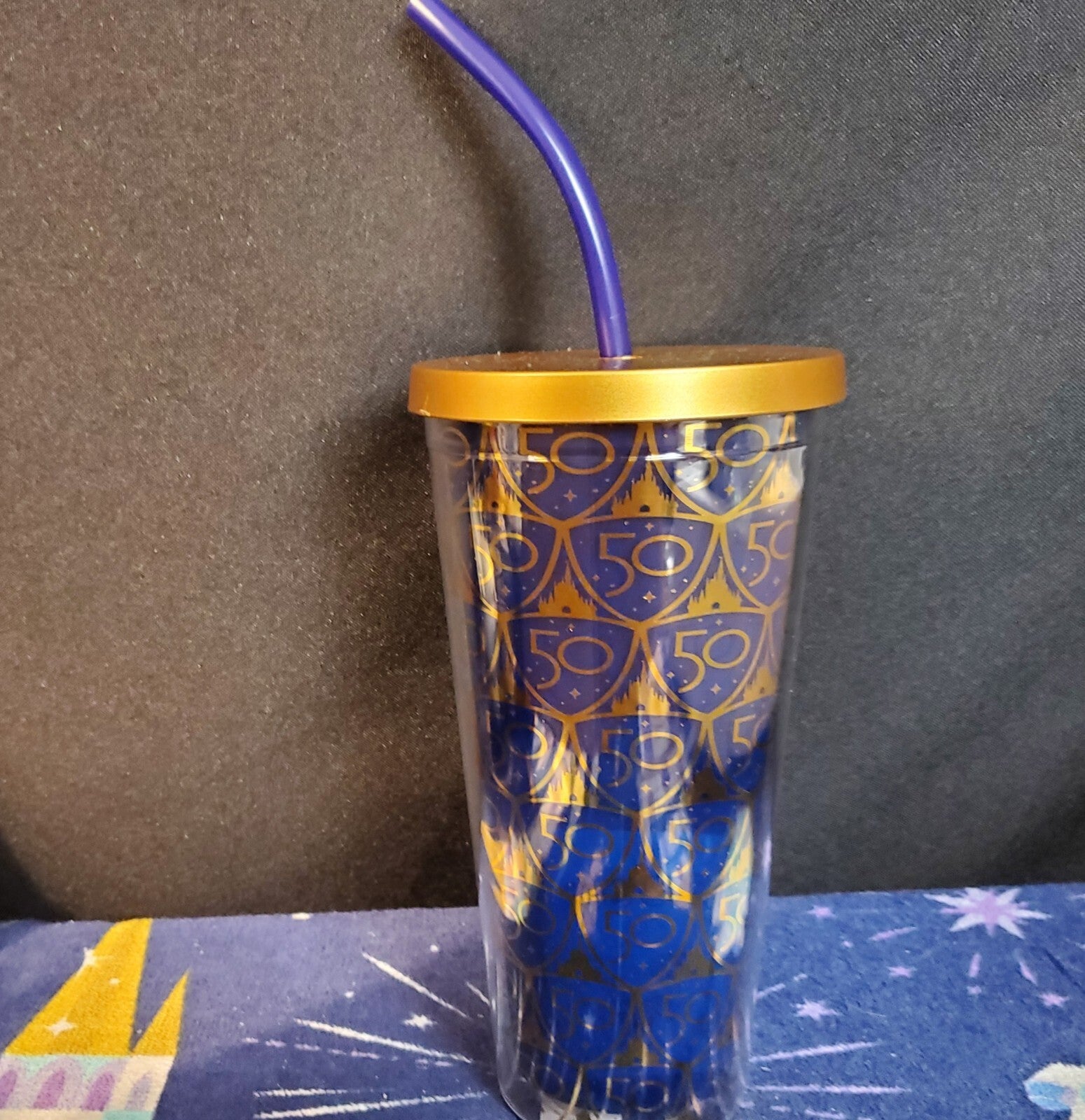 NEW 2022 Walt Disney World Parks 50th Anniversary Gold Castle Blue Tumbler Straw