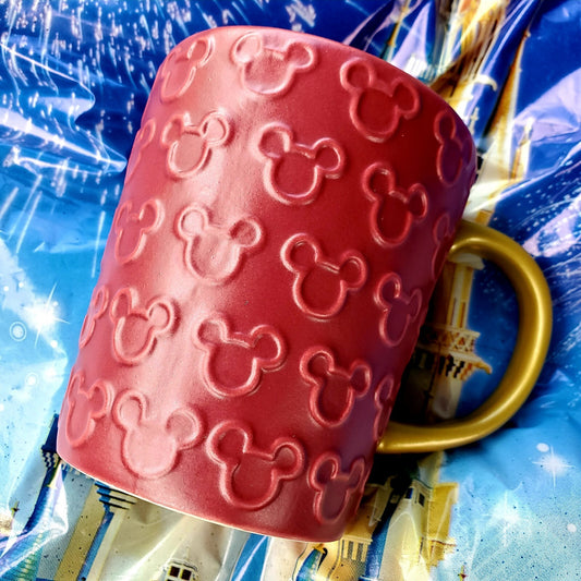 NEW 2022 Disney Park Mickey Mouse Raised Ears Icon Coffee Mug Red Gold Christmas