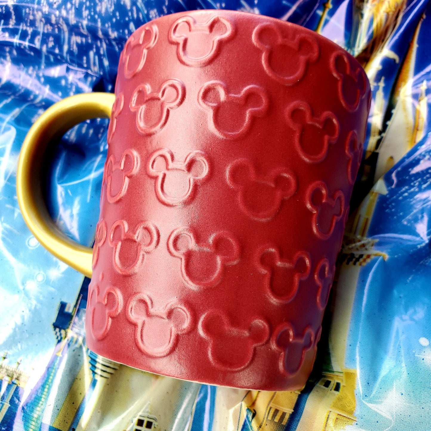 NEW 2022 Disney Park Mickey Mouse Raised Ears Icon Coffee Mug Red Gold Christmas