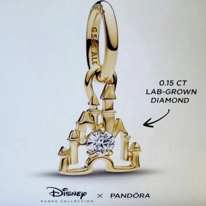 2026 Disney Parks Pandora 14k Gold Castle Charm 0.15 Lab Grown Diamond Exclusive