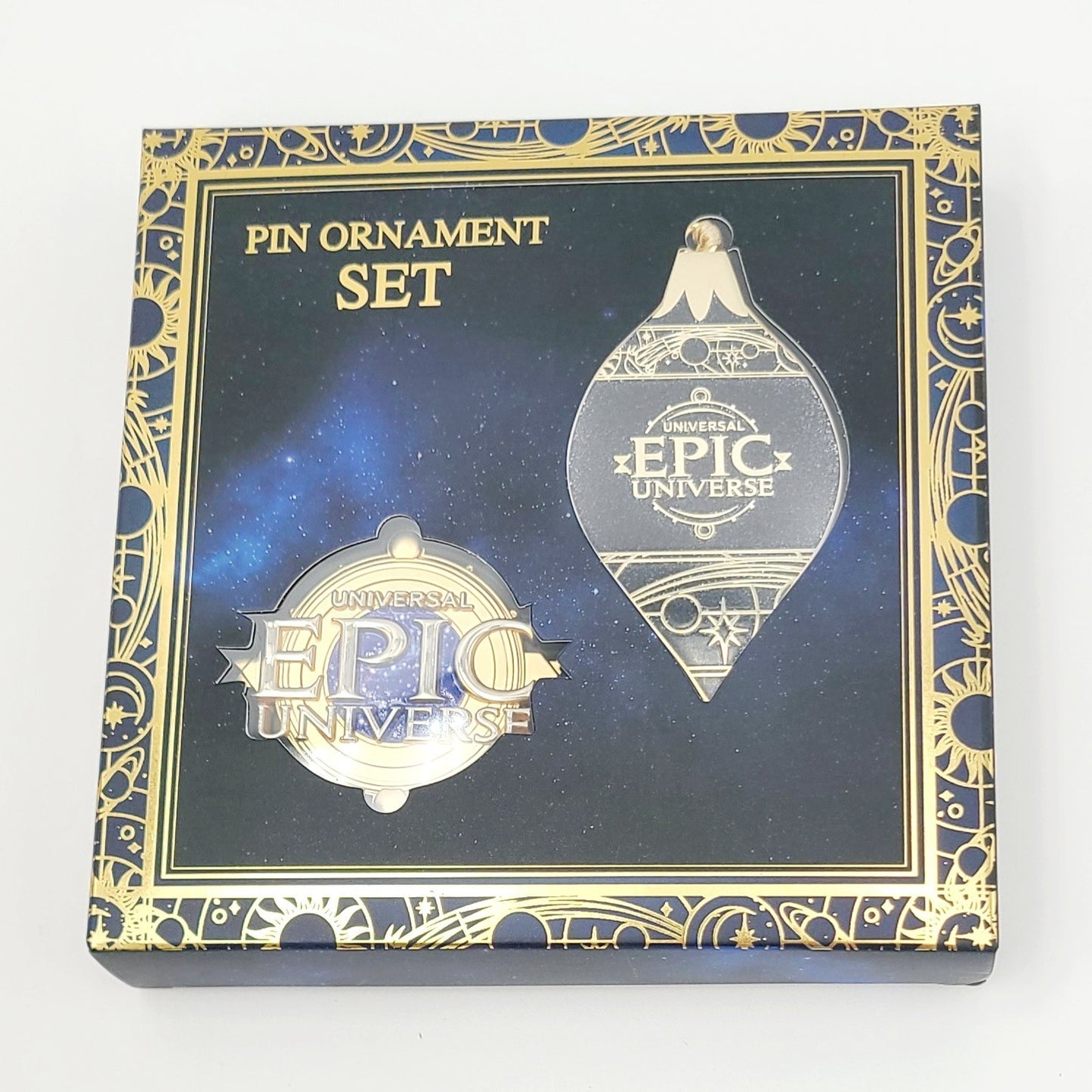 NEW 2025 EPIC Universe Universal Orlando Logo Pin & Ornament Set Gold Blue