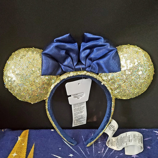 Disney Parks Minnie Mouse Gold & Blue 50th Anniversary Ears Headband Sequins