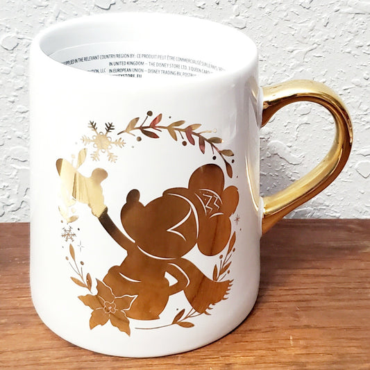 NEW Disney Parks Mickey & Minnie Mouse White & Gold 4.5" Mug Snowflakes Winter