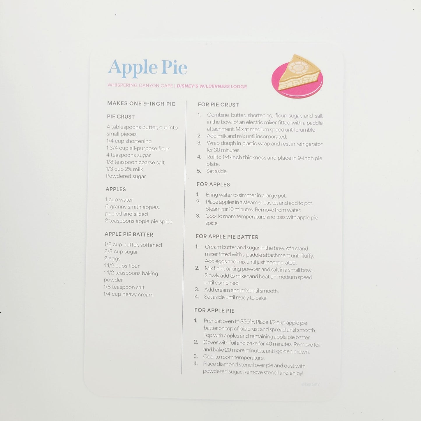 Disney World Parks Annual Passholder Apple Pie Recipe Card & Food Stencils 2024