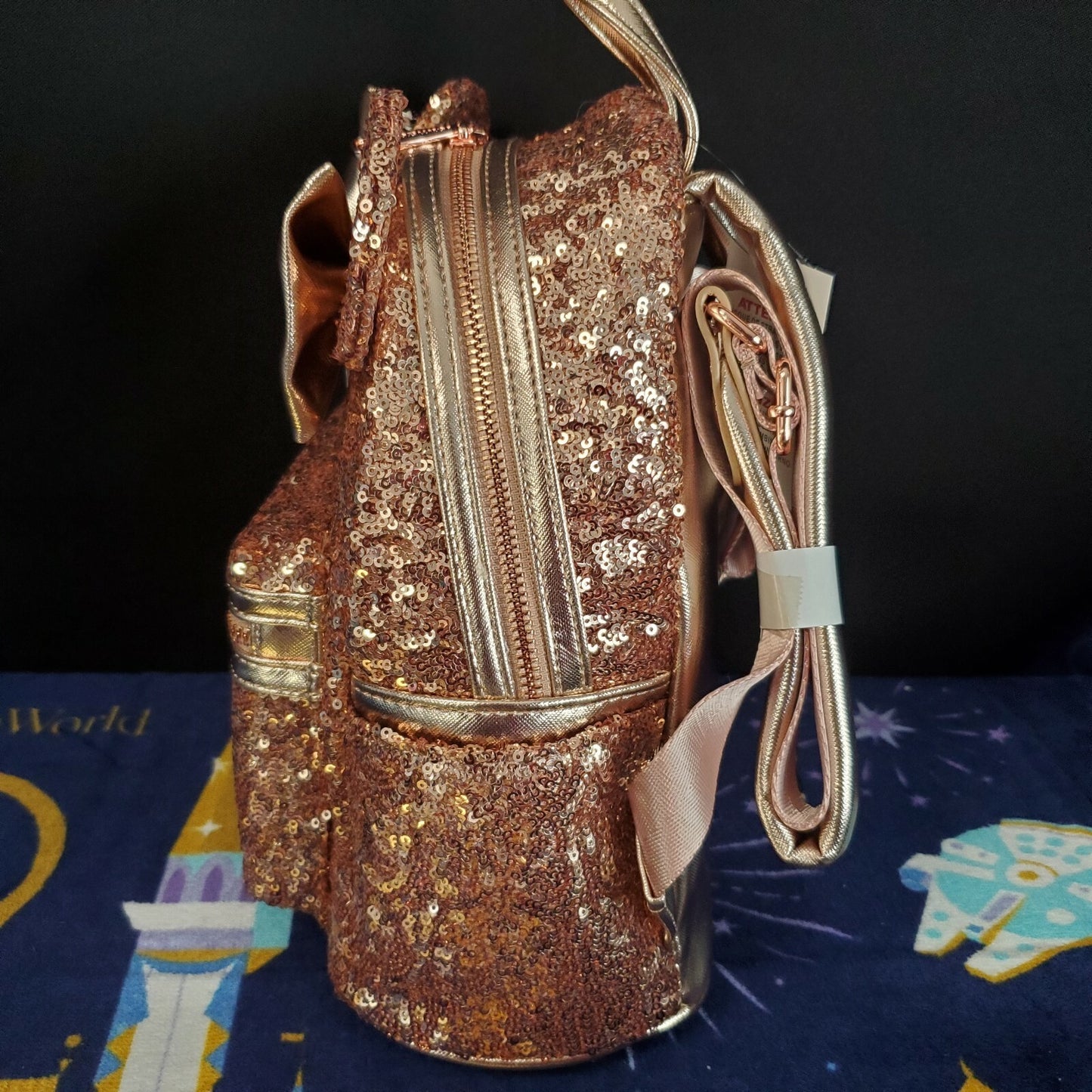 NEW Disney Parks Loungefly Sequined Rose Gold Mini Backpack Minnie Mouse Ears