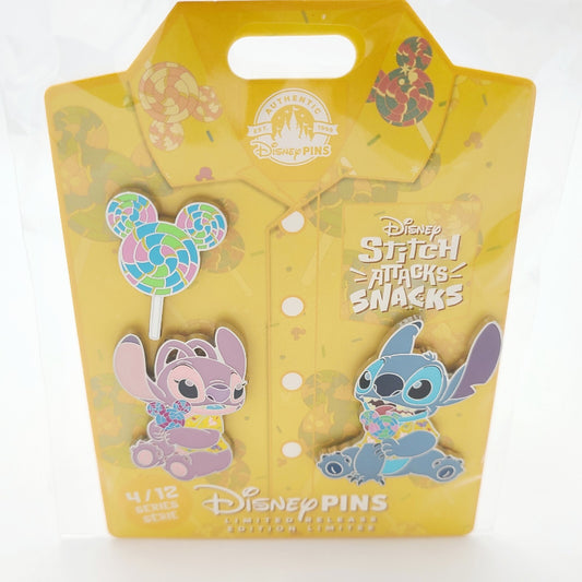NEW 2024 Disney Parks Stitch Attacks Snacks Angel & Stitch Pin Lollipop Set of 4
