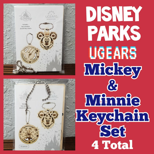 Disney Parks UGears Keychain Set Mickey & Minnie Mouse Set 4 Wooden Puzzles