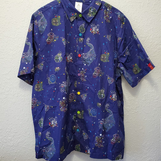 MEDIUM Disney Park Adult Shirt Blue Button Up Main Street Electrical Parade NEW