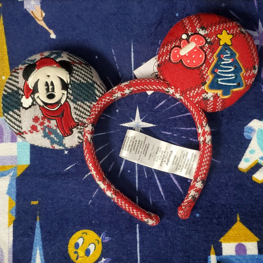 NEW Disney Parks Mickey Holiday Plaid Christmas Sweater Headband Ears NWT 2021