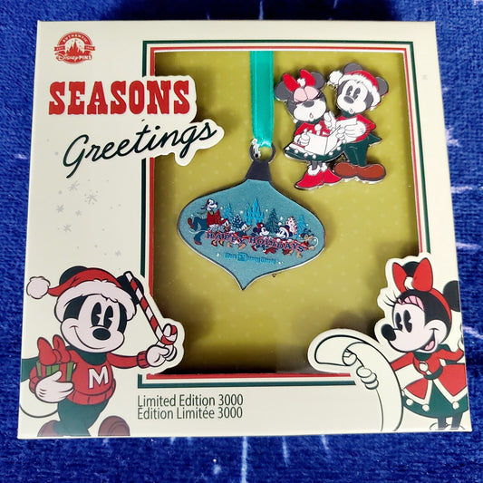Disney Parks Set 2022 Seasons Greetings Pin & Ornament LE 3000 Christmas Holiday