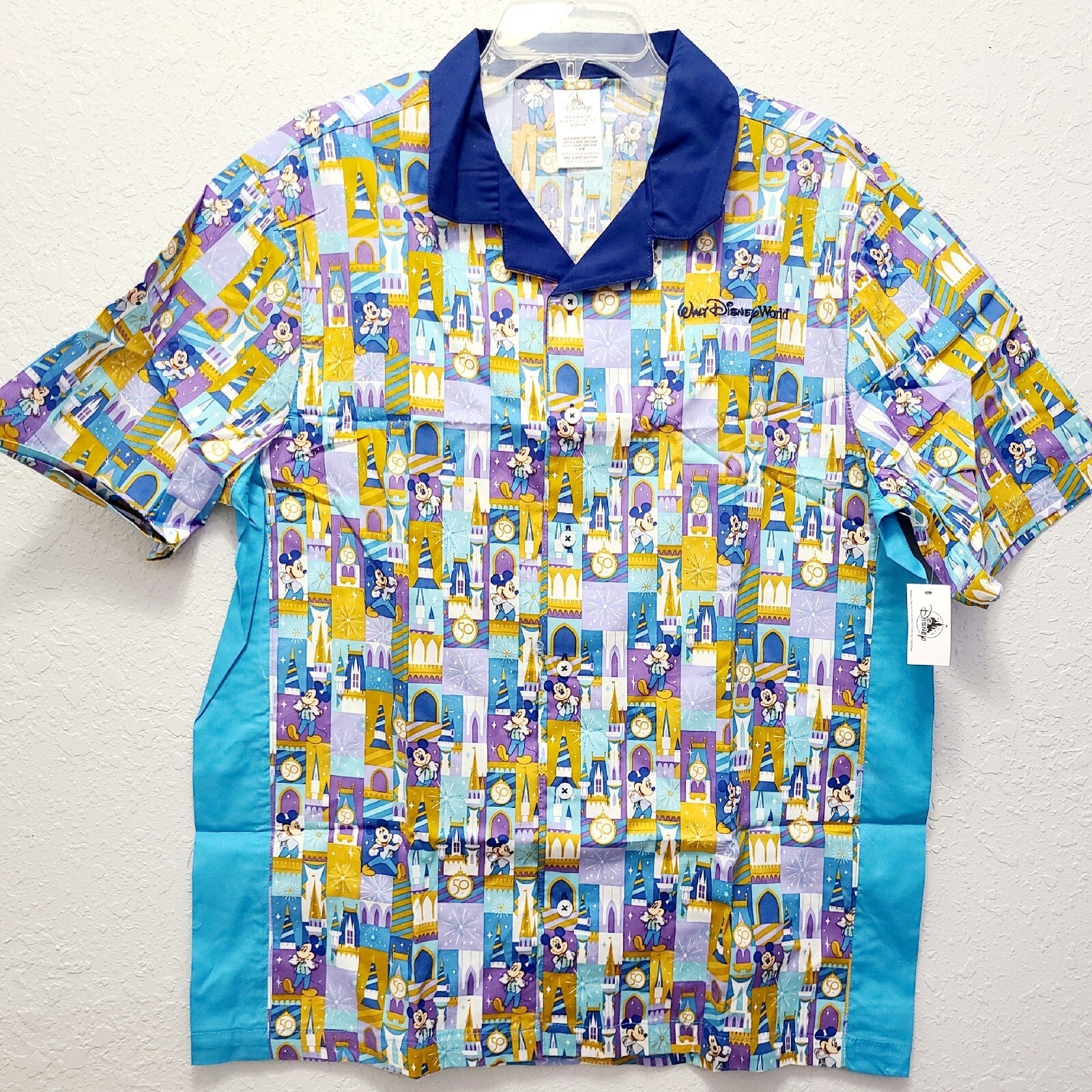MEDIUM Walt Disney World Parks Shirt Adult Blue Gold 50th Anniv Mickey Button Up