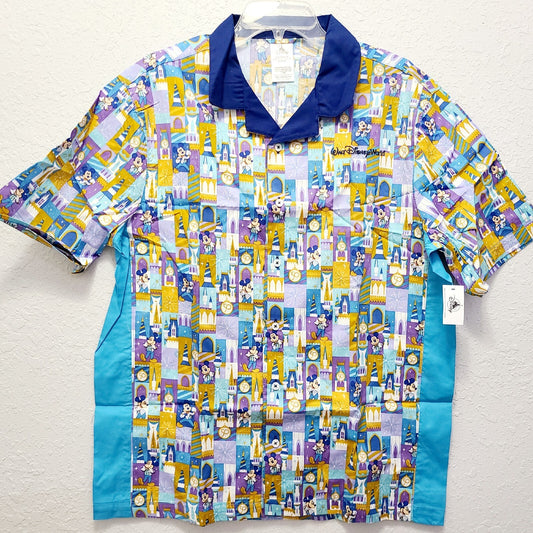 MEDIUM Walt Disney World Parks Shirt Adult Blue Gold 50th Anniv Mickey Button Up