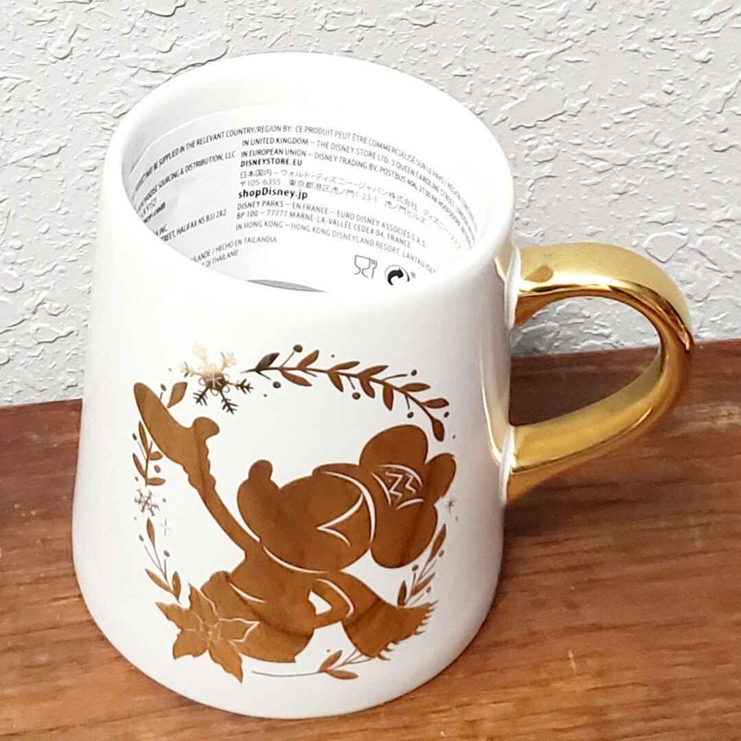 NEW Disney Parks Mickey & Minnie Mouse White & Gold 4.5" Mug Snowflakes Winter