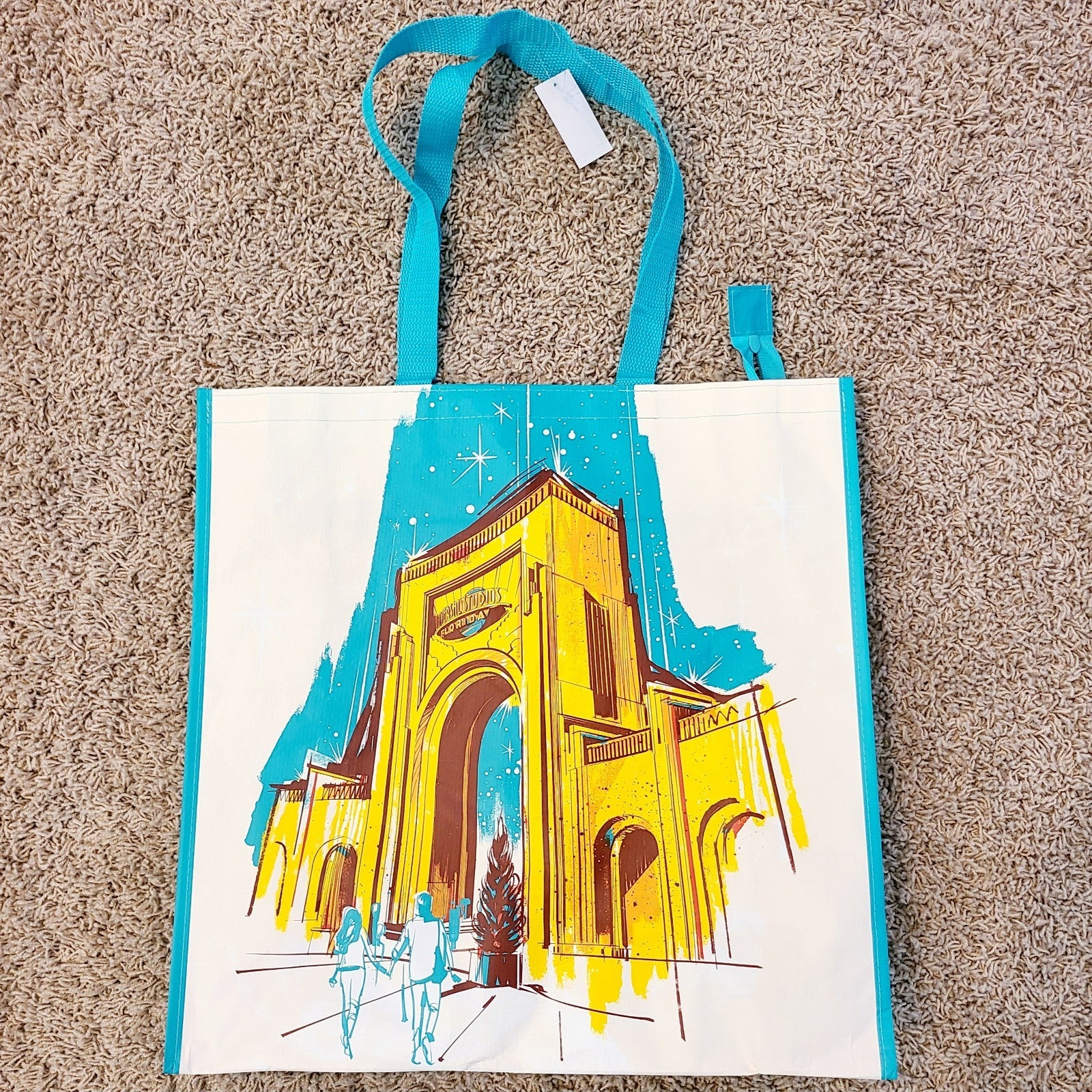 NEW Universal Studios Reusable Tote Teal Orlando & Hollywood with Zipper 17”