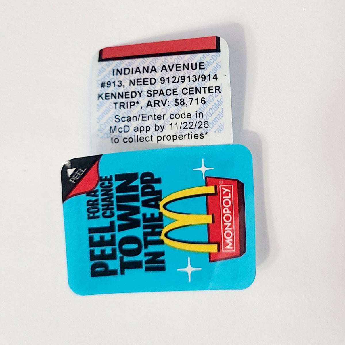 2026 McDonald’s Unused Monopoly Piece #913 Indiana Ave Avenue RED Unredeemed