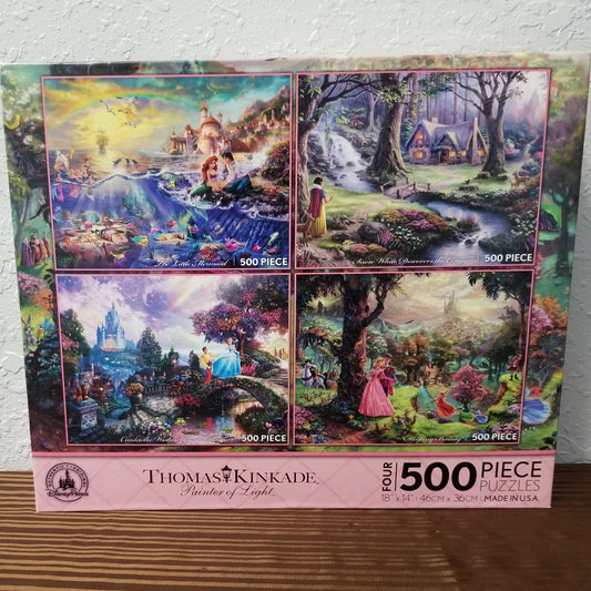 4-In-1 Disney Parks Thomas Kinkade Four Puzzles Cinderella, Snow, Ariel, Aurora