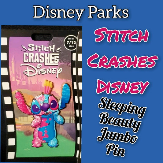 *Jumbo Pin* Walt Disney World Park Stitch Crashes Sleeping Beauty Blue Pink NEW