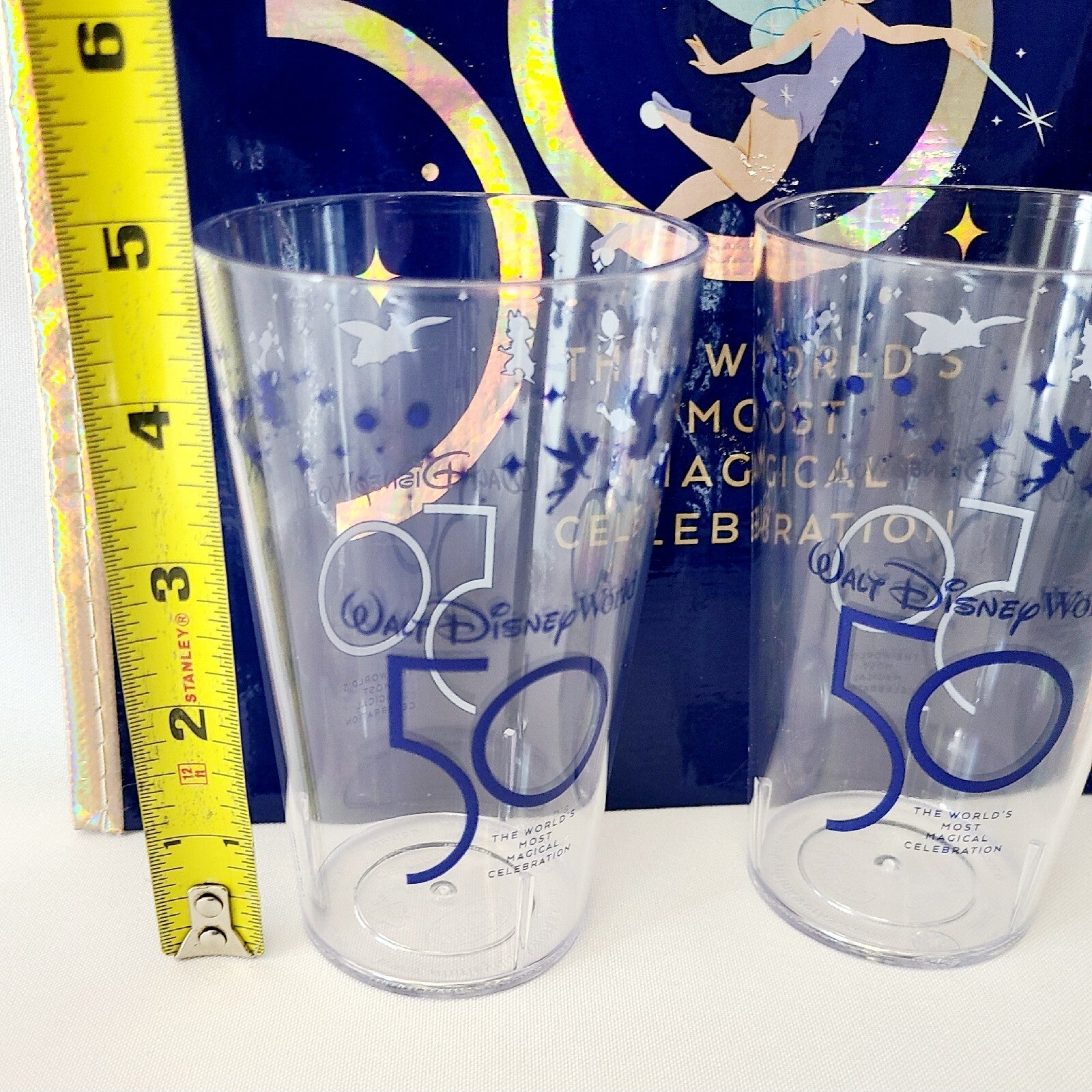 Set Of 2 Walt Disney World 50th Anniversary Clear Plastic Cup Blue Letters + Bag