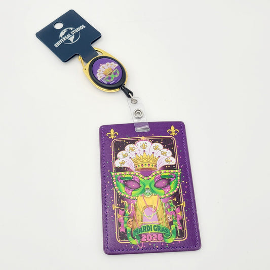 2026 Universal Studios Mardi Gras Badge Reel ID Holder Parade Art Gator Pumpkin