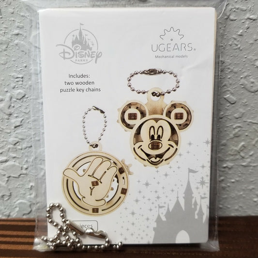 NEW Disney Parks UGEARS Keychain Set Mickey Mouse & Glove Hand 2 Wooden Puzzles