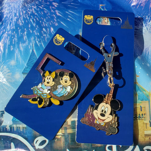 2021 Disney World Park 50th Anniversary Mickey Keychain Bag Tag & Minnie Pin Set