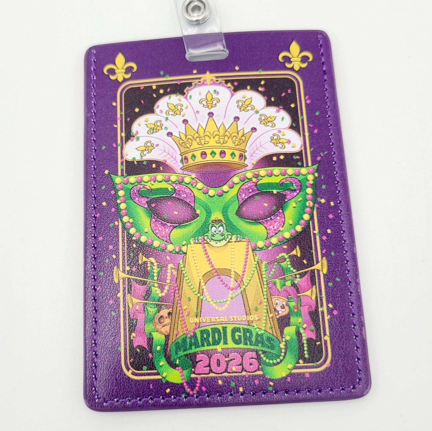 2026 Universal Studios Mardi Gras Badge Reel ID Holder Parade Art Gator Pumpkin