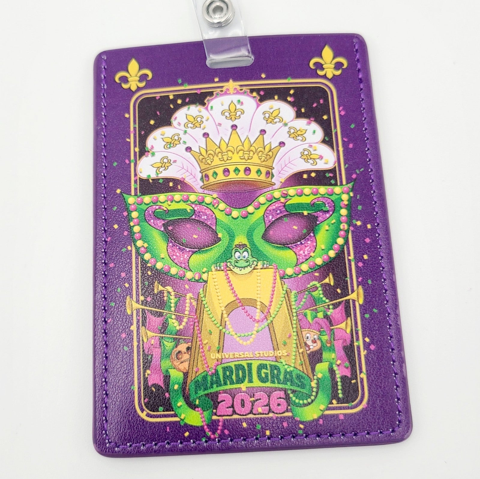 2026 Universal Studios Mardi Gras Badge Reel ID Holder Parade Art Gator Pumpkin