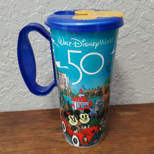 Disney Parks WDW 50th Anniversary Resort Refillable Mug Blue Lid Mickey Minnie 