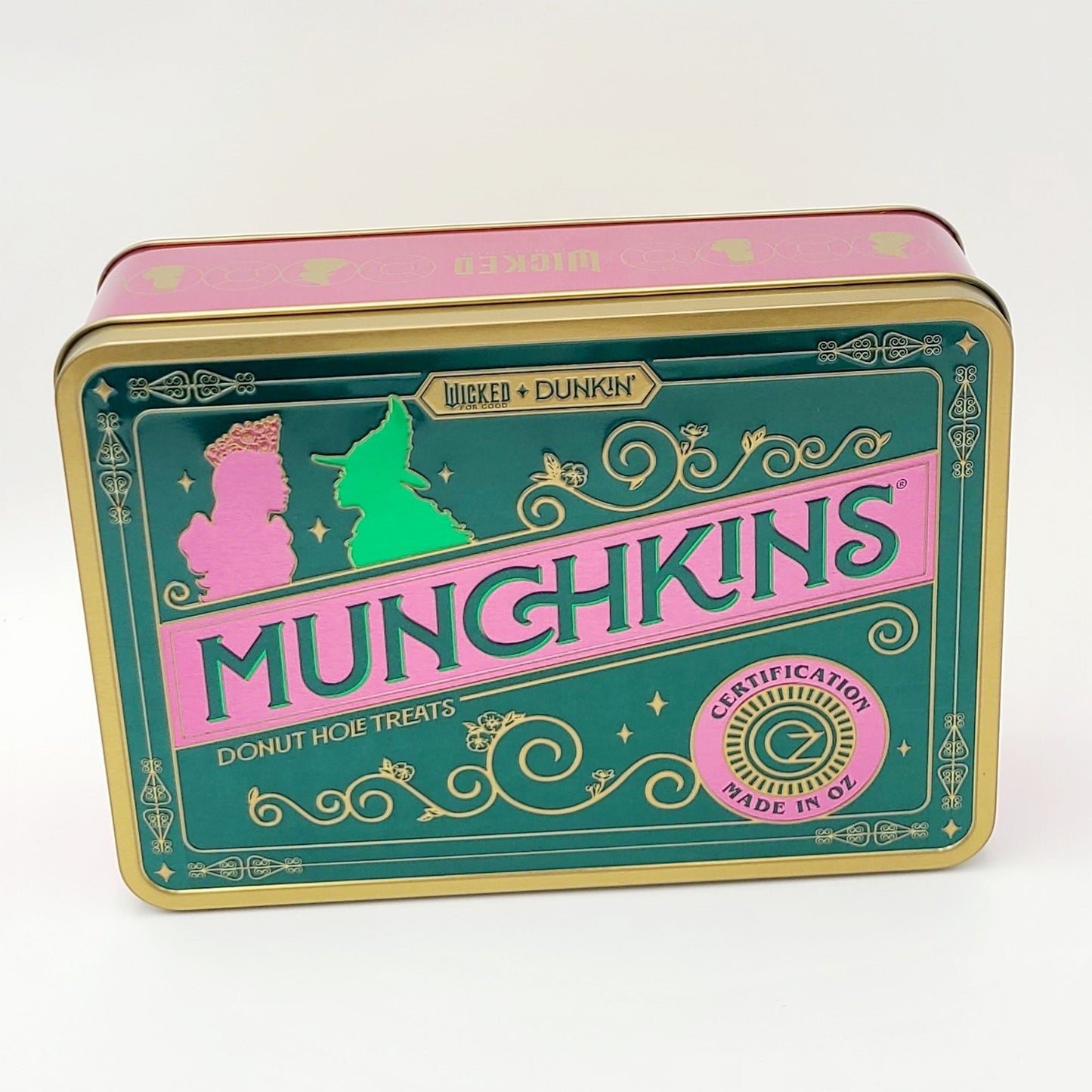 NEW Dunkin Donuts WICKED Munchkin Tin Glinda & Elphaba Pink & Green For Good