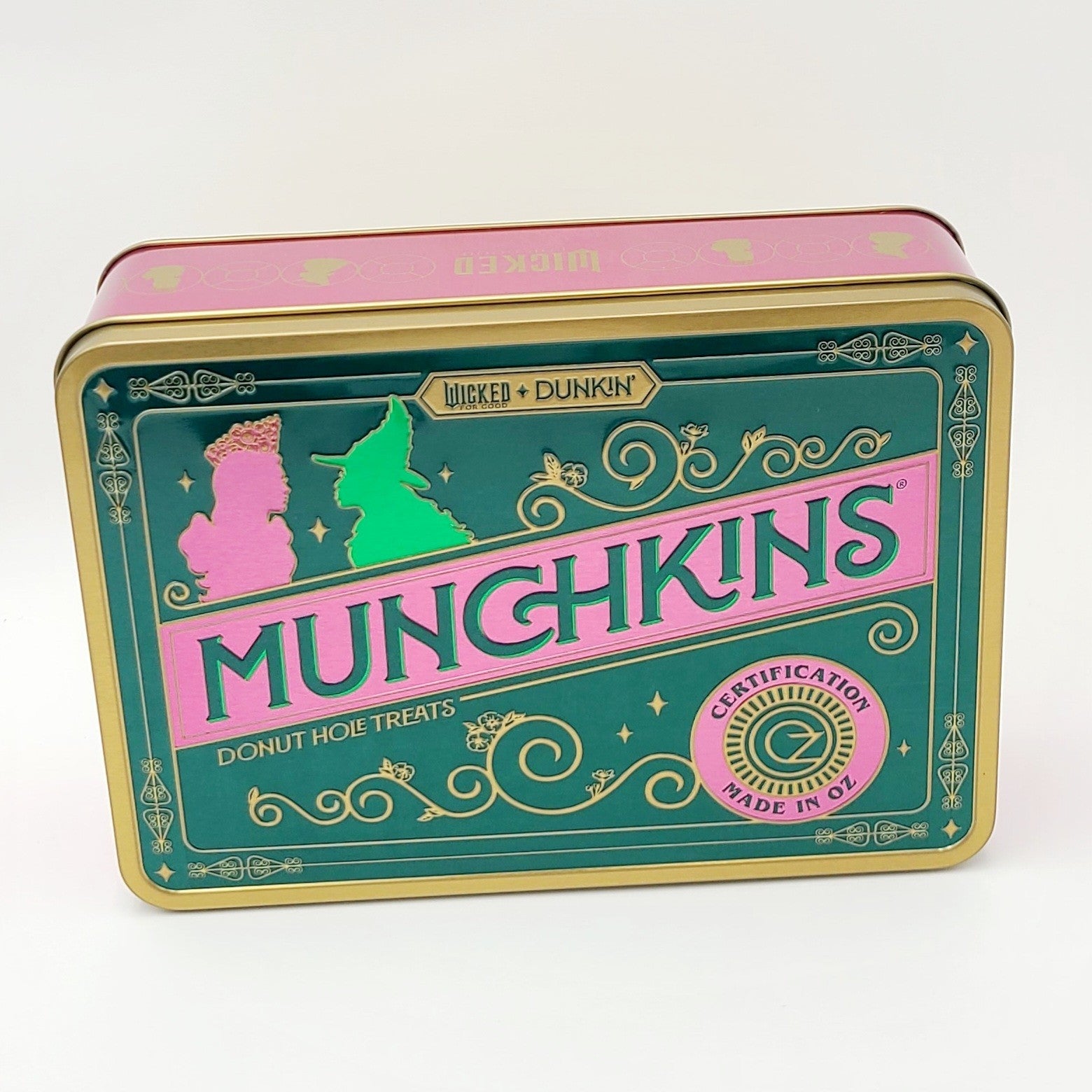 NEW Dunkin Donuts WICKED Munchkin Tin Glinda & Elphaba Pink & Green For Good
